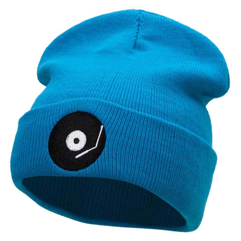 Music Record Embroidered 12 Inch Long Knitted Beanie Aqua One Size