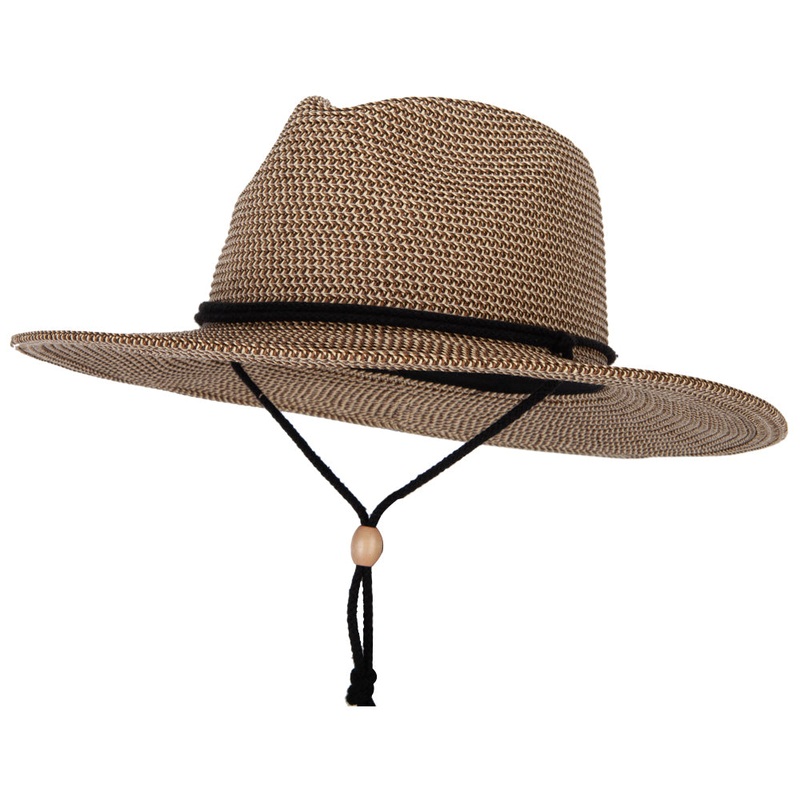 Women’s Tweed Paper Braid Large Brim Fedora Hat with Chin Cord Brown Tweed One Size