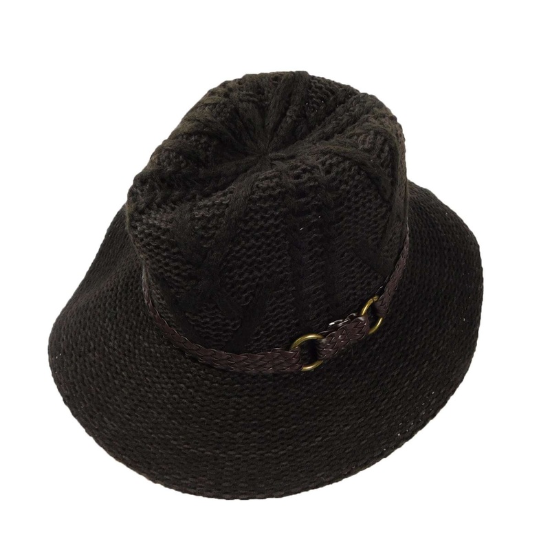 Cable Knit Floppy Fedora Hat Brown