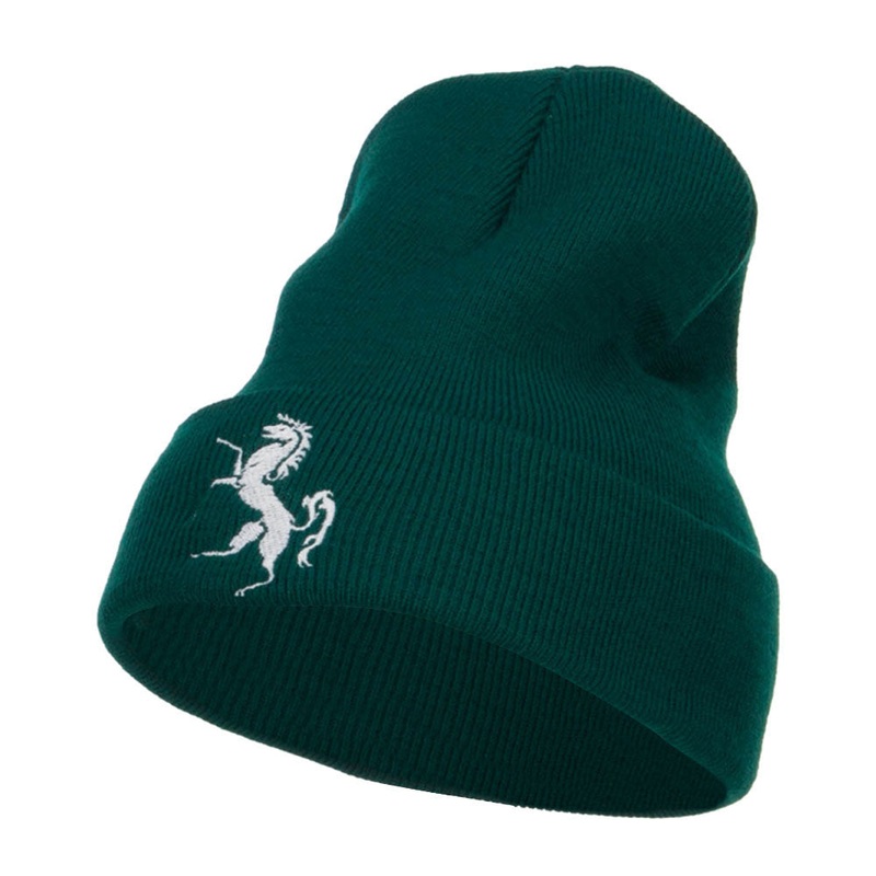 Horse Emblem Embroidered Long Beanie Dk Green One Size