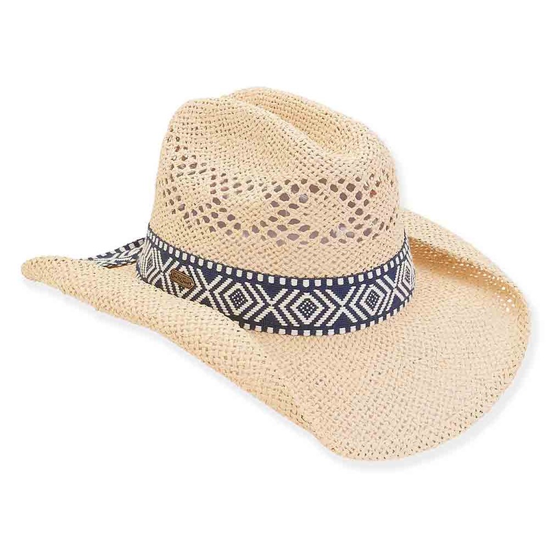 Woven Toyo Cowboy Hat with Tribal Pattern Band  – Sun ‘N’ Sand Hats Natural M/L (58 cm)