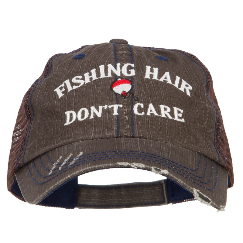 Fishing Hair Don’t Care Embroidered Cotton Mesh Cap Brown One Size