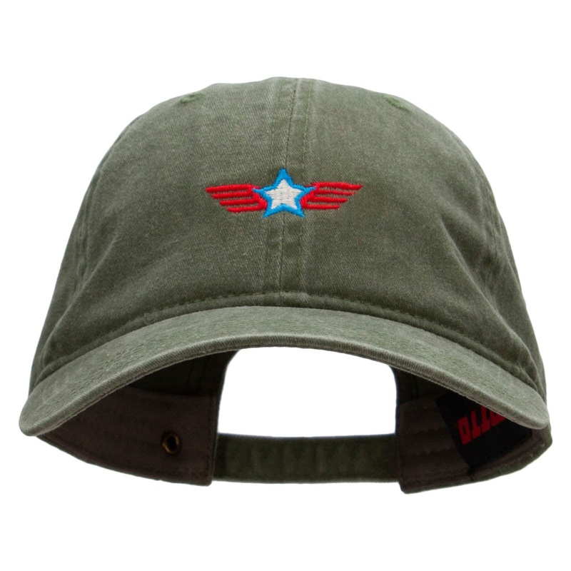 Flying Star Embroidered Washed Cotton Brass Buckle Cap Olive One Size