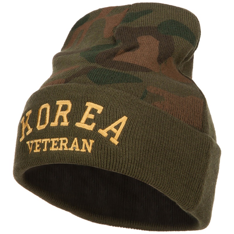 Korea Veteran Letters Embroidered Camo Long Beanie Green One Size