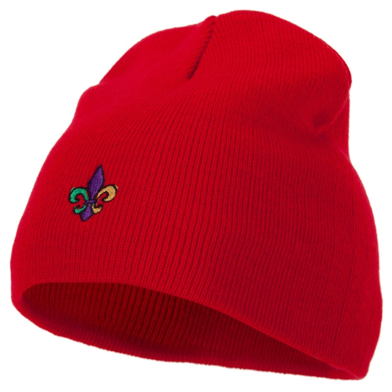 Mardi Gras Fleur de Lis Embroidered 8 Inch Knitted Short Beanie Red One Size