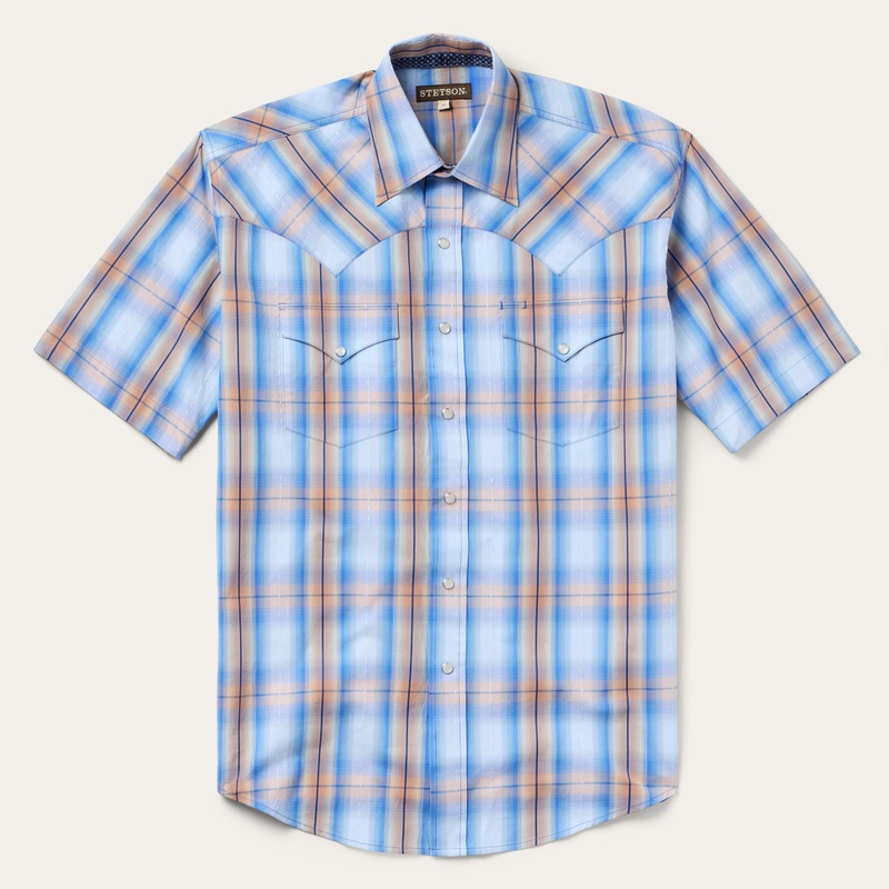 Sunrise Plaid Short-Sleeve Western Shirt Blue S