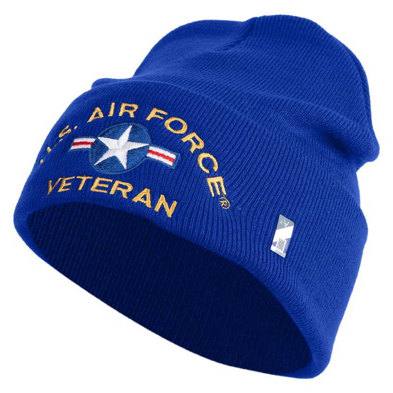 U.S. Airforce Veteran with Roundel Logo Embroidered 12 Inch Solid Knit Cuff Long Beanie Made in USA Royal Blue One Size
