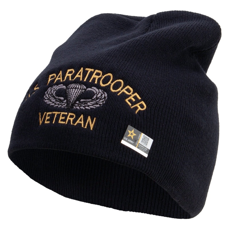 US Paratrooper Veteran Embroidered 8 Inch Knitted Short Beanie Navy One Size