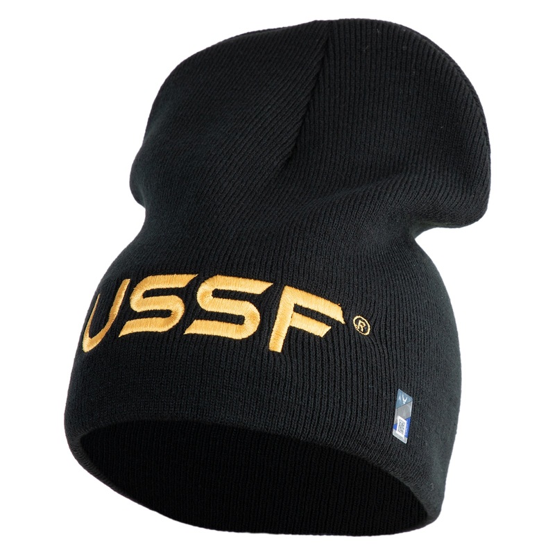 USSF Gold Letter Symbol Embroidered 8 Inch Solid Knit Short Beanie Made in USA Black One Size