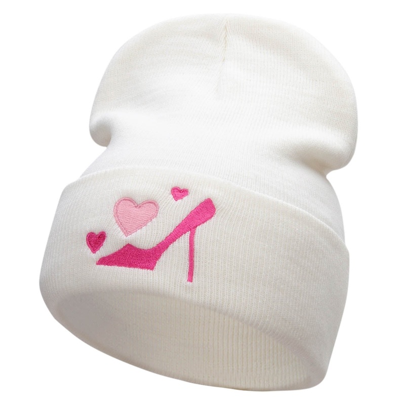 Wedding Heels Ring Embroidered 12 Inch Long Knitted Beanie White One Size