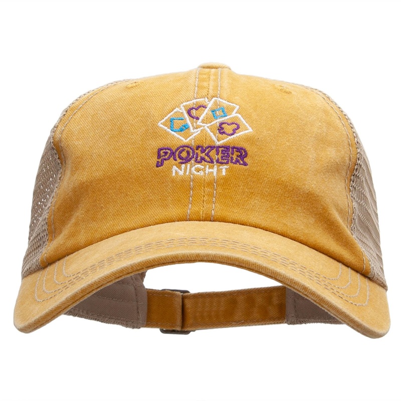 Poker Night Embroidered Pigment Dyed Mesh Cap Mustard Khaki One Size
