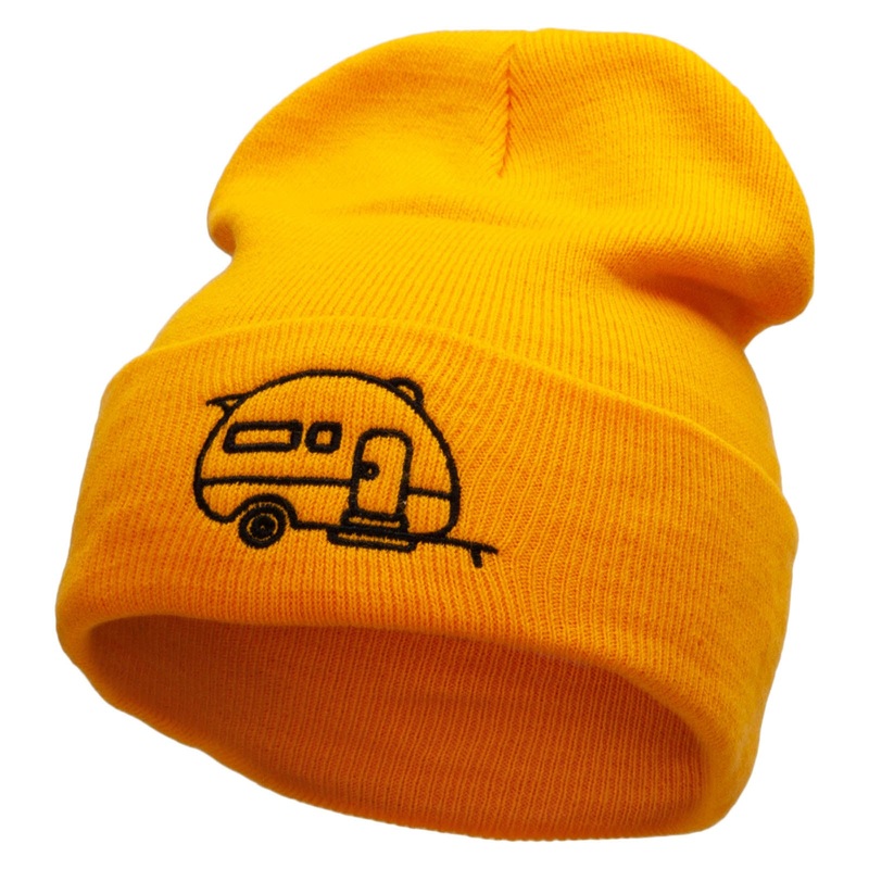 RV Camper Trailer Embroidered 12 inch Acrylic Cuffed Long Beanie Gold One Size