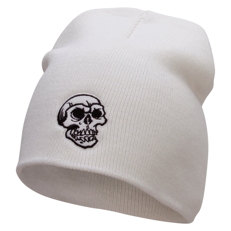 Scary Skull Embroidered 8 inch Acrylic Short Blank Beanie White One Size