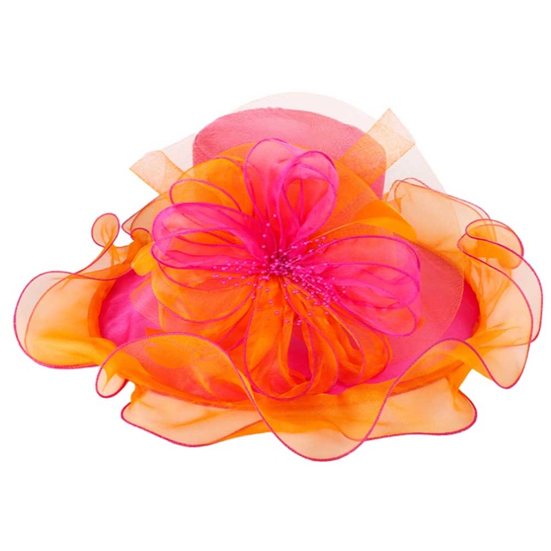 Two Tone Ruffle Edge Flower and Beads Center Derby Hat – Something Special Hats Fuchsia/Orange