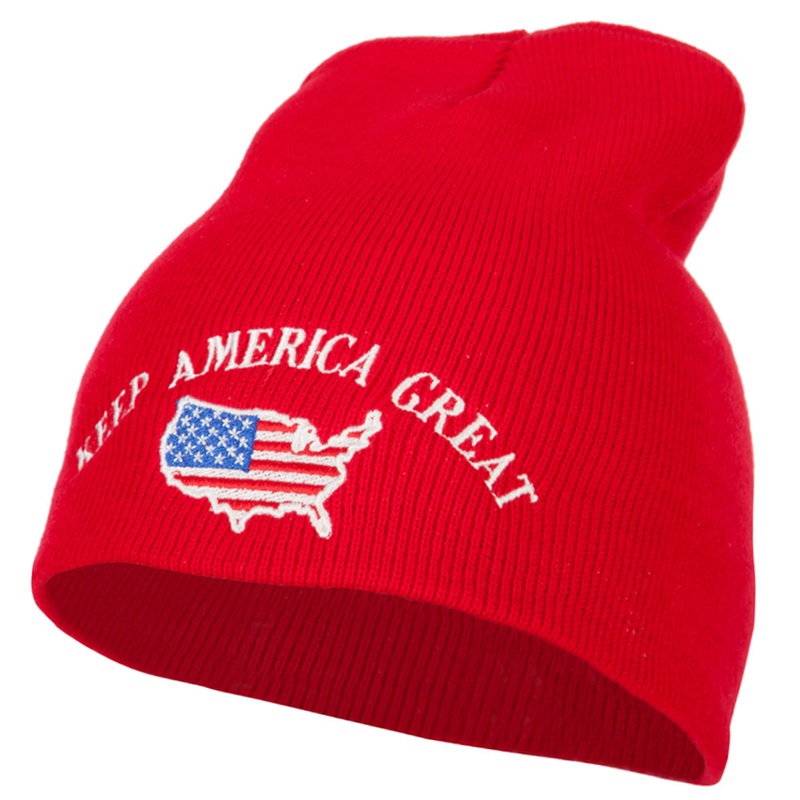 Keep America Great USA Flag Map Embroidered 8 Inch Short Beanie Red One Size