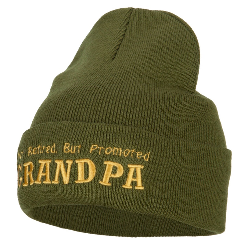 Not Retired Promoted Grandpa Embroidered Knitted Long Beanie Olive One Size