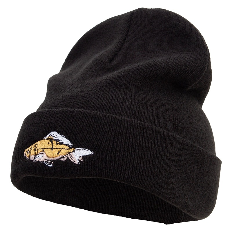 Yellow Carp Fish Embroidered Big Size Acrylic Long Beanie Black XL-3XL