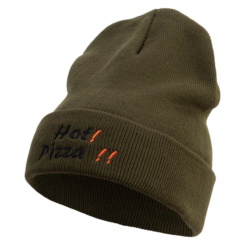 Hot Pizza Embroidered 12 Inch Long Knitted Beanie Olive One Size