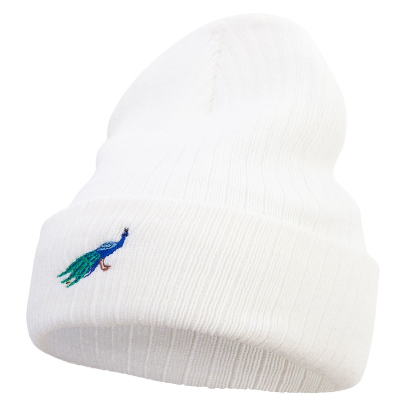 Made in USA Cartoon Peacock Embroidered Heavy Ribbed Cuff Beanie White One Size