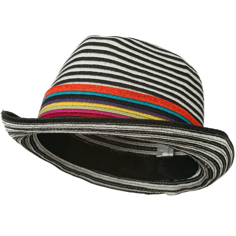 Women’s Striped Design Fedora Hat with Multi-Color Band Black White One Size