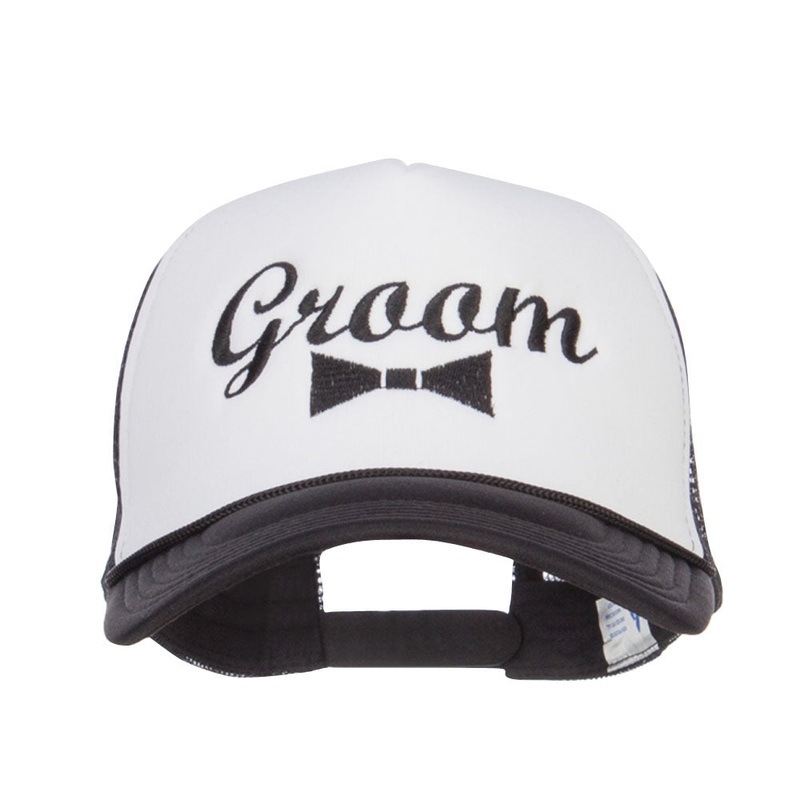 Groom Bow Tie Embroidered Foam Mesh Cap Black White One Size