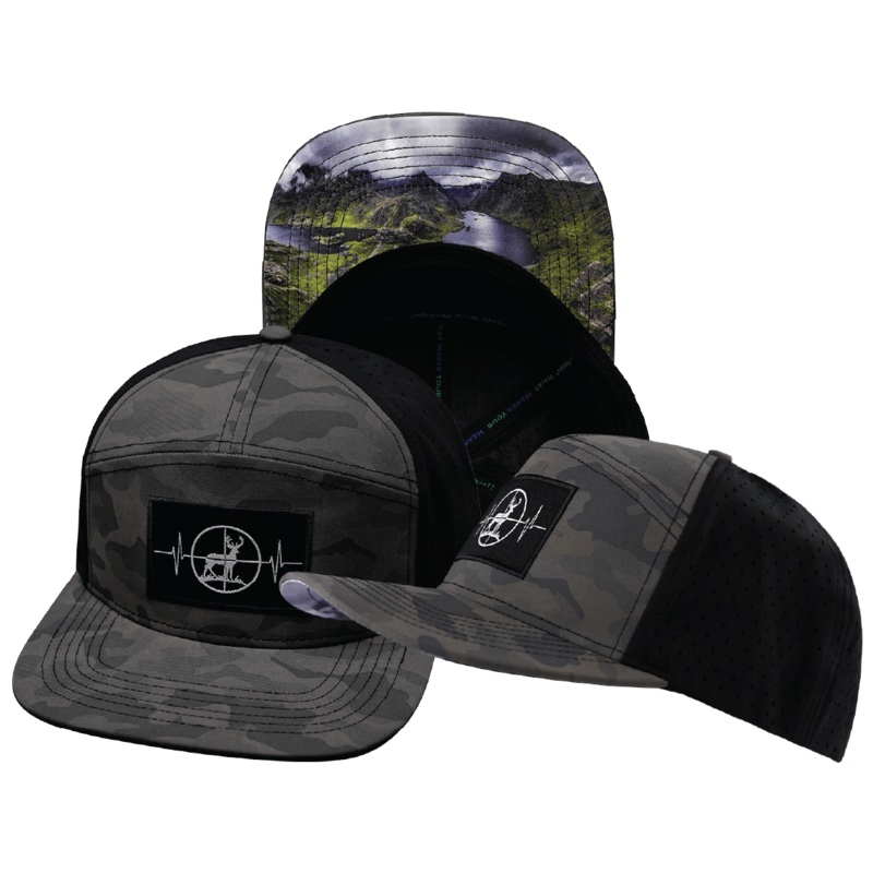 Hunting Hat – Flat Bill – Soft Mocha Camo / Black – Laser Mesh