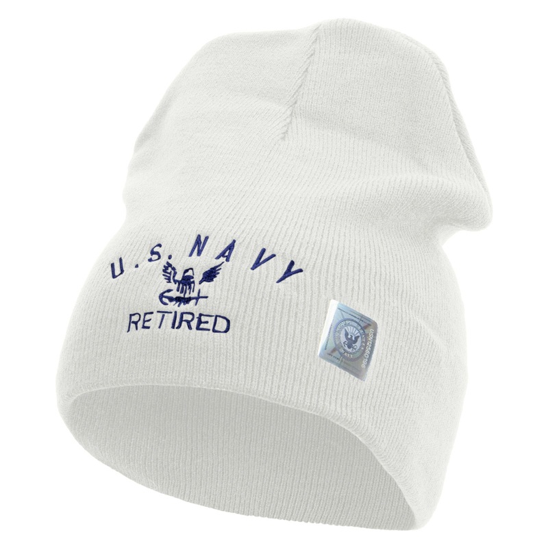 Made in USA Eagle Navy Retired Symbol Embroidered 8 Inch Solid Knit Short Beanie White One Size