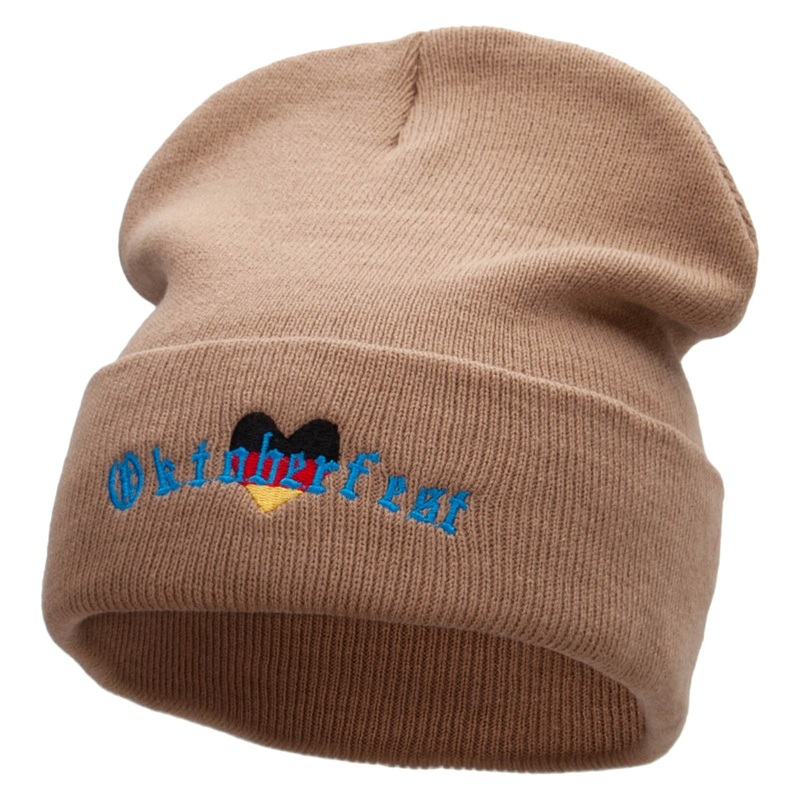 Oktoberfest Love Embroidered 12 inch Acrylic Cuffed Long Beanie Khaki One Size