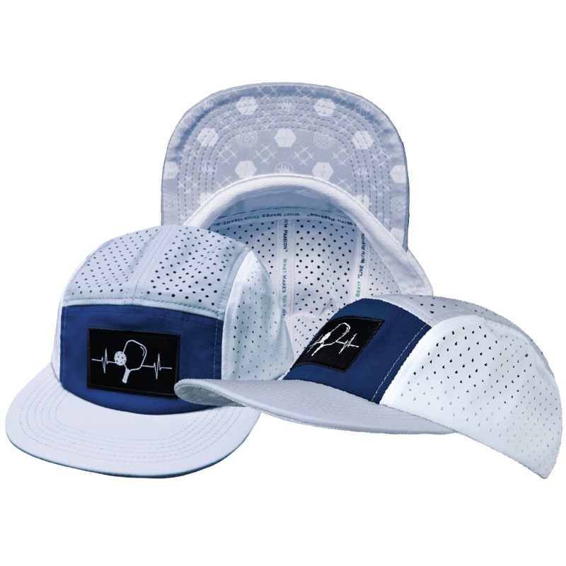 Pickleball Hat – 5 Panel – Gray / Navy / White – Laser Mesh