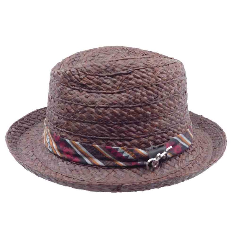 Woven Raffia Fedora Hat with Aztec Print Band – Carlos Santana Hats Brown Medium (57 cm)