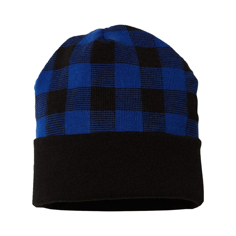 Cap America RKP12 USA-Made Plaid Beanie Checkered Knit Cap Black/Dark Heather Grey