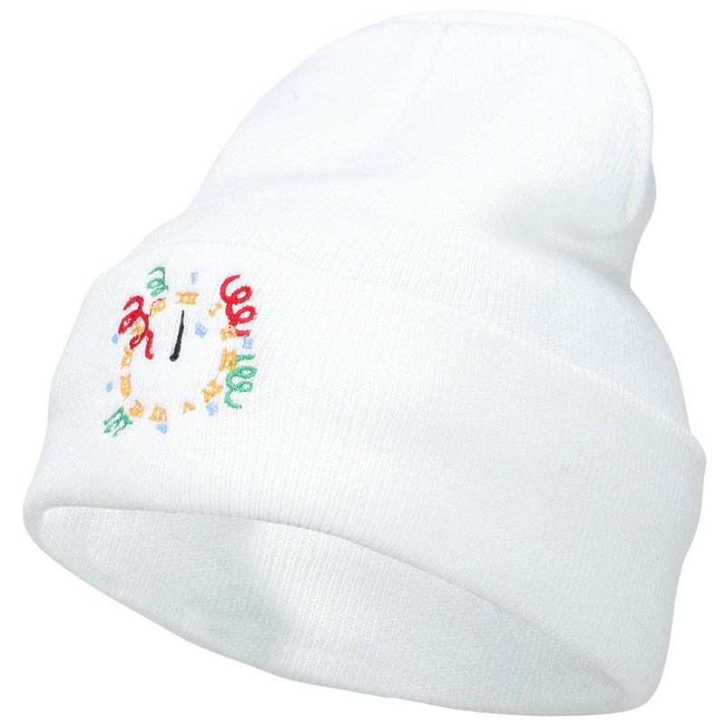 Clock with Decorations Embroidered Long Beanie White One Size