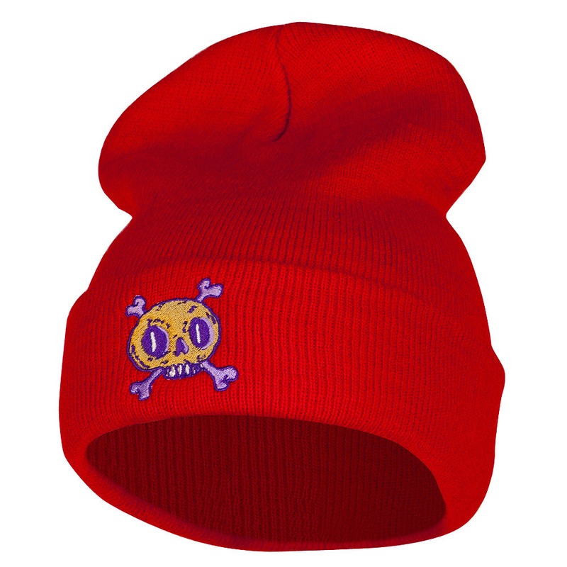 Halloween Skull Embroidered 12 Inch Long Knitted Beanie Red One Size