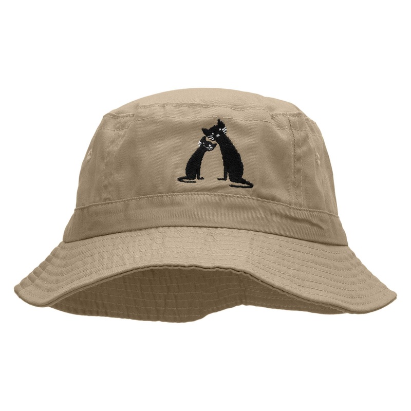 Grandma Cat and Baby Cat Embroidered Pigment Dyed Bucket Hat Khaki One Size