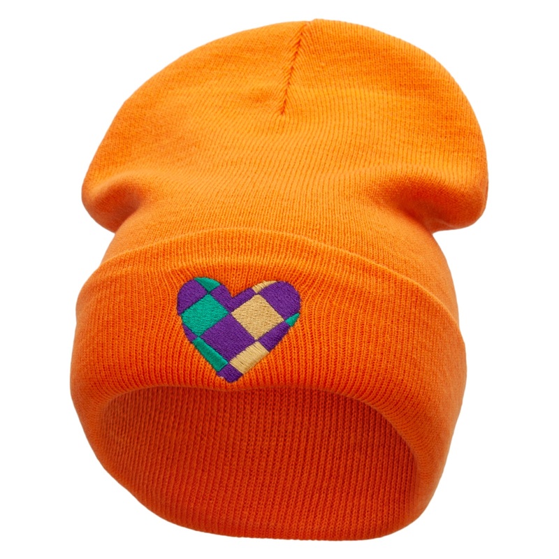 Mardi Heart Embroidered 12 Inch Long Knitted Beanie Orange One Size