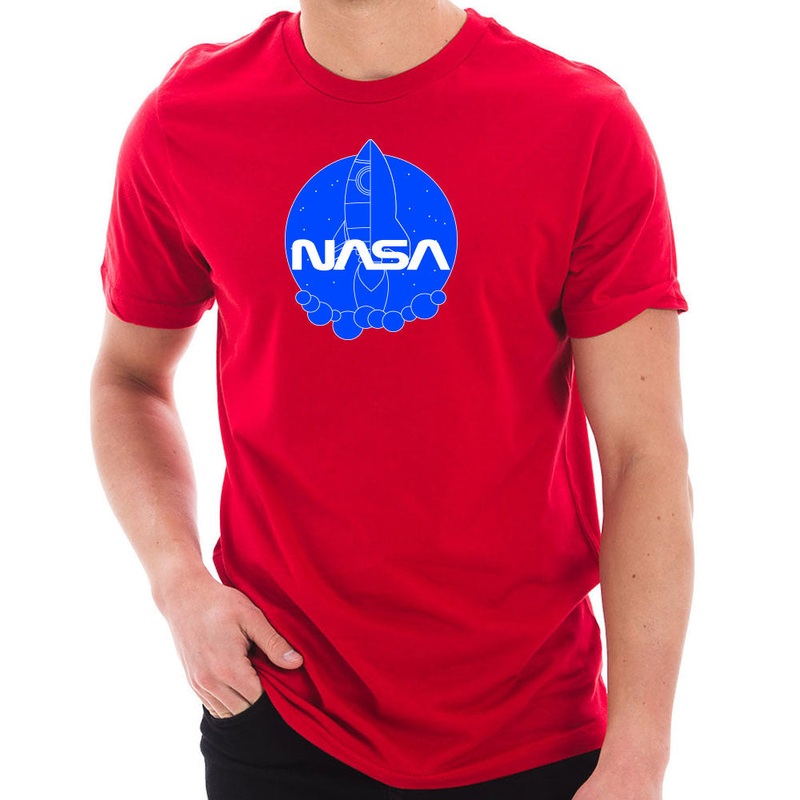 NASA Cartoon Rocket Designed Short Sleeve Cotton Jersey T-Shirt Red XS