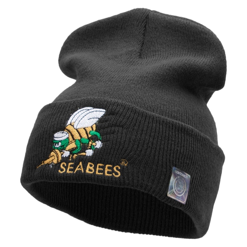 Navy Seabees Symbol Embroidered Cuff Long Beanie Made in USA Black One Size