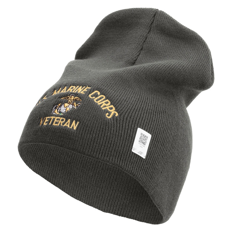 US Marine Corps Veteran Symbol Embroidered 8 Inch Short Beanie Made in USA Charcoal One Size