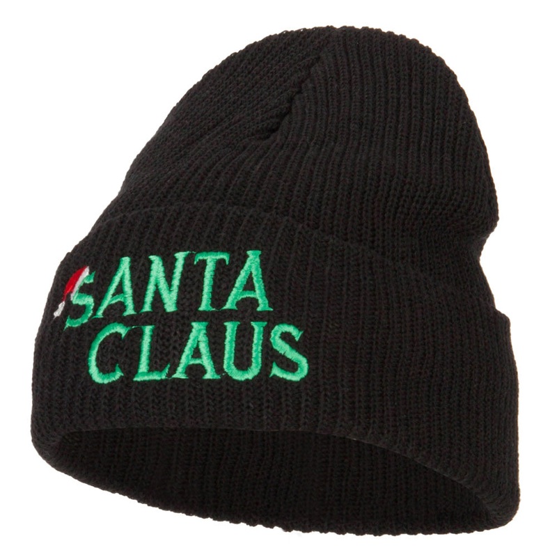 Christmas Hat with Santa Claus Embroidered Eco Cotton Ribbed XL Cuff Beanie Black XL-3XL