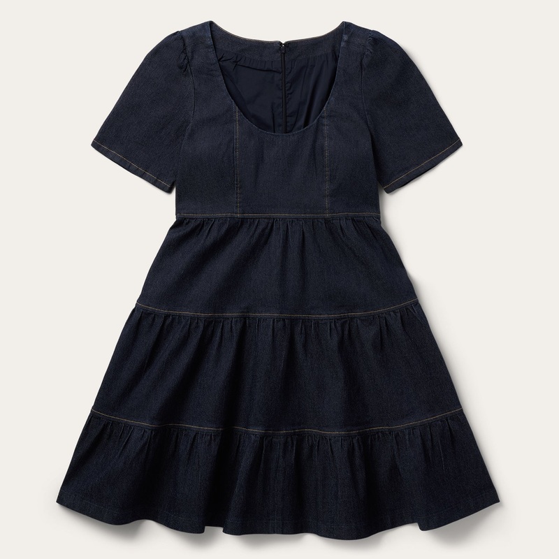 Dark Denim Dress With Contrast Top Stitching Blue XS