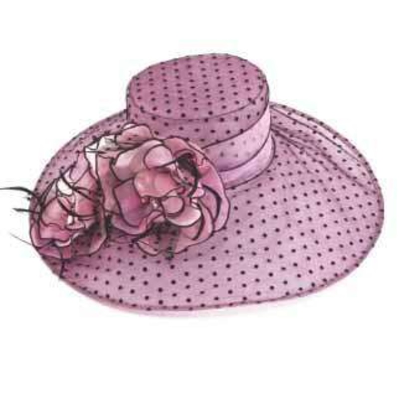 Polka Dot Organza Hat with Large Flower Accent Pink