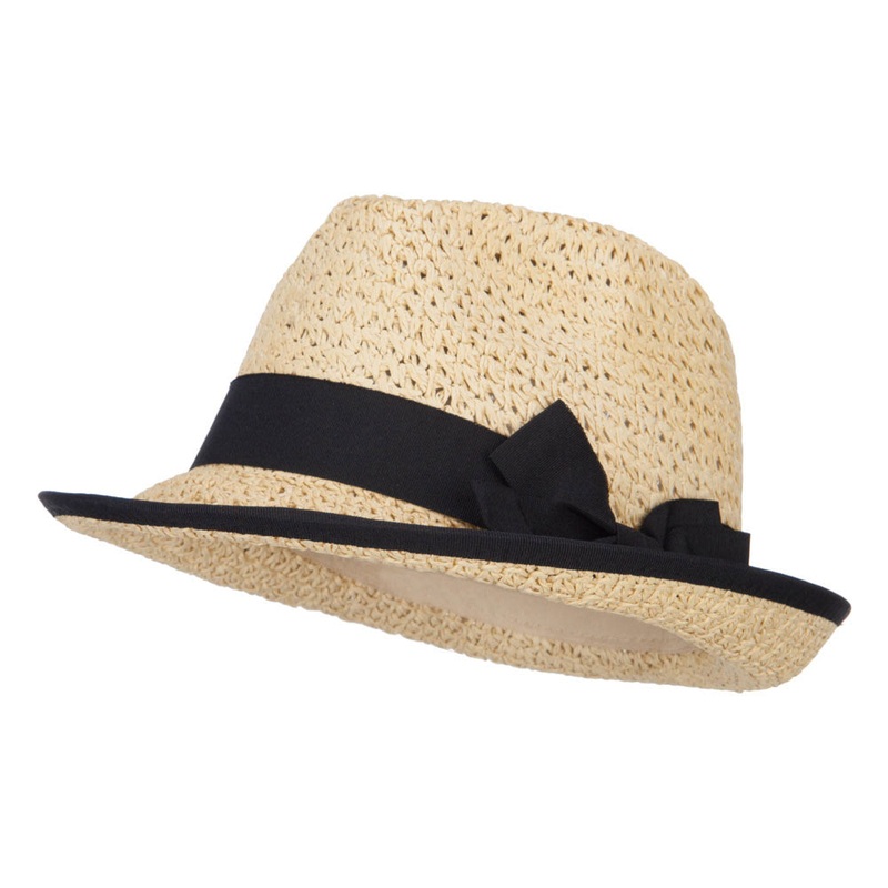 Women’s Bow Accent Toyo Braid Fedora Tan One Size