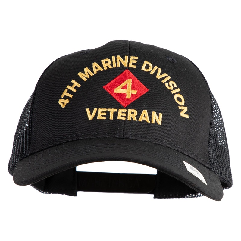 4th Marine Division Veteran Embroidered 6 Panel Structured Cotton Twill Mesh Cap Made in USA Black One Size