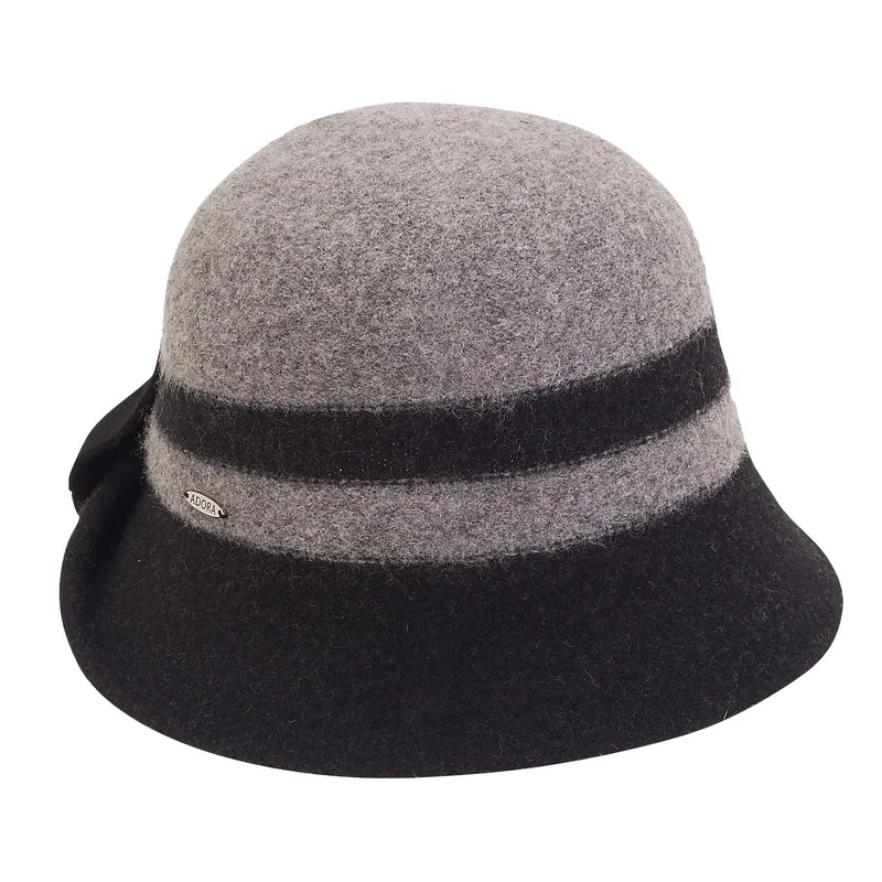 Adora Wool Hat – Two Tone Soft Wool Cloche with Bow Grey Medium (57 cm)