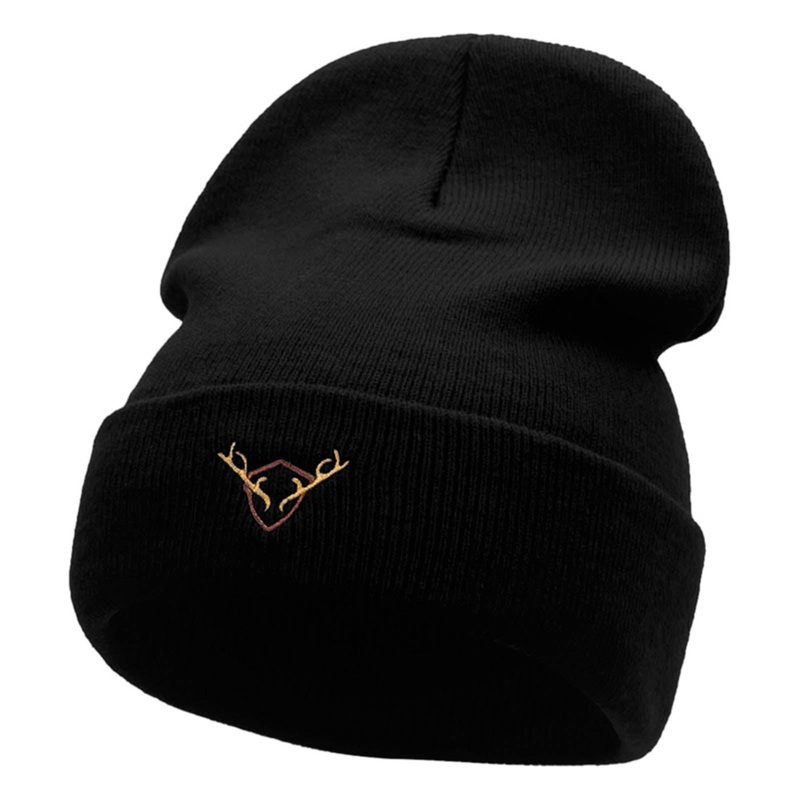 Deer Antler Insignia Embroidered 12 Inch Long Knitted Beanie Black One Size