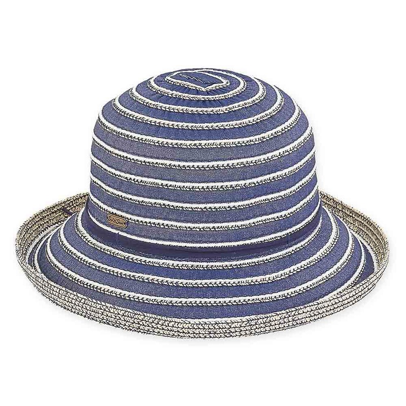 Denim Ribbon and Braid Stripe Up Brim Sun Hat – Sun ‘N’ Sand Hats Denim Medium (57 cm)
