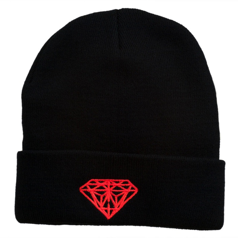 Diamond Embroidered Cuff Long Black Beanie Neon Orange One Size