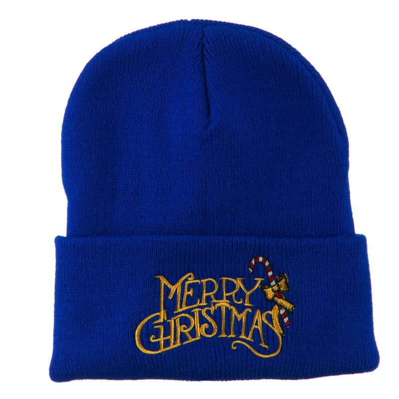 Merry Christmas with Candy Cane Embroidered Long Beanie Royal One Size