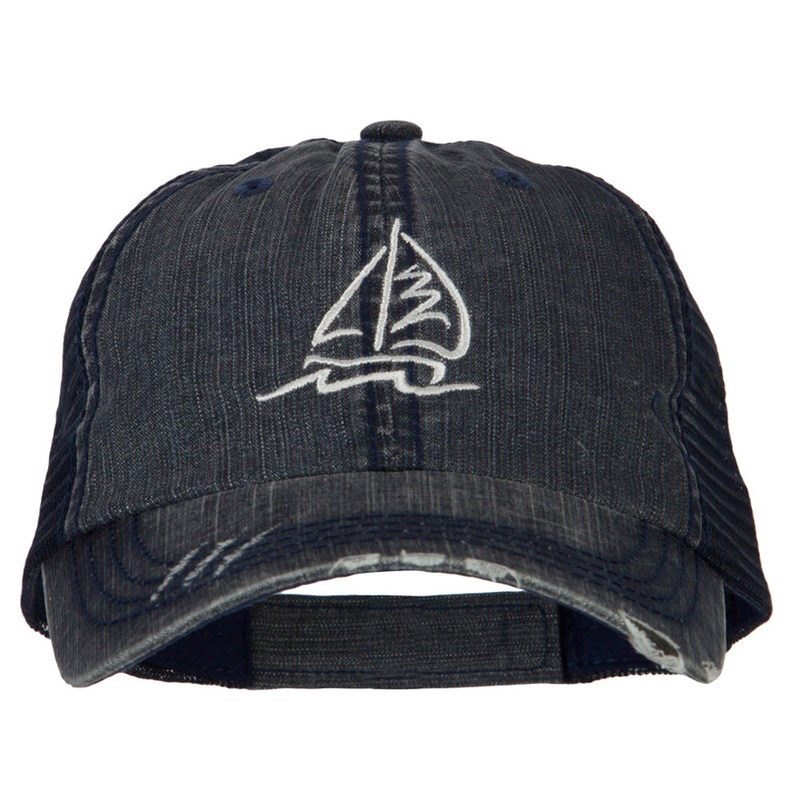 Sailboat Wave Embroidered Low Profile Mesh Cap Navy One Size