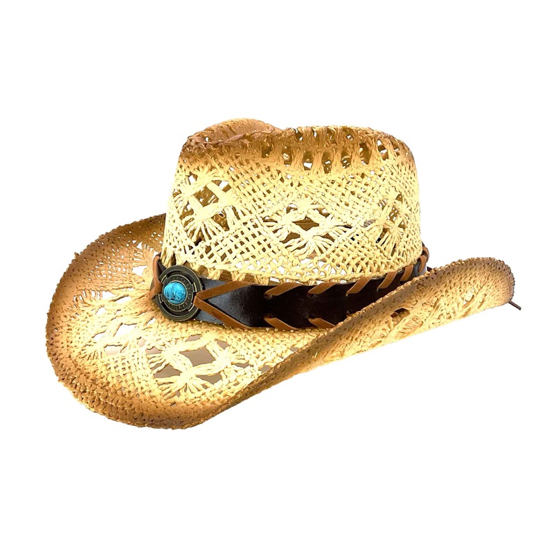 Small Size Macrame Straw Cowboy Hat with Turquoise Bead – Milani Hats Beige Small